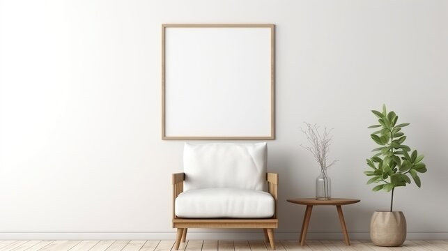 Blank wooden picture frame in a Scandinavian room interior with chair and indoor plant. 