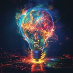 Glowing colourful light bulb on dark background. Energy concept. New idea, brainstorming concept