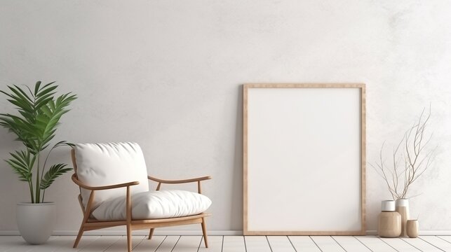 Blank wooden picture frame in a Scandinavian room interior with chair and indoor plant. 