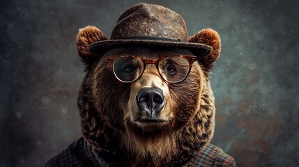 Bearded hipster bear in a brown hat and glasses on a dark background - obrazy, fototapety, plakaty