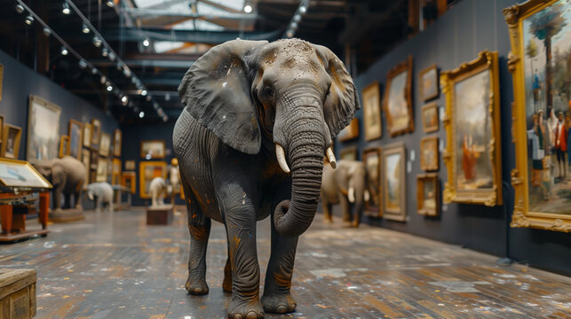 Elephant Walking Through Museum of Paintings