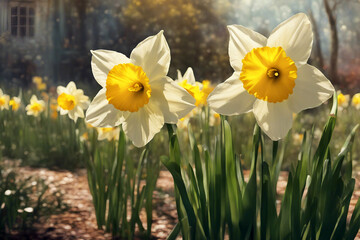 Obraz premium Flowering daffodils. Close-up of daffodil flowers blooming at sunset. Selective focus. AI generated