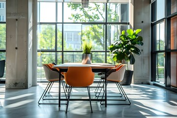 Modern Office Conference Room with Minimalist Furniture, Wide Windows, and Contemporary Presentation Equipment. Concept Minimalist Design, Modern Technology, Wide Windows, Contemporary Furniture