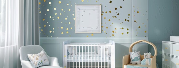 a white baby's nursery adorned with delicate pink and gold decor, showcasing a crib, rocking chair, storage boxes, banner, and a white frame against a pristine white wall