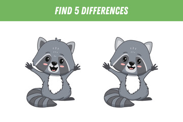 Find five differences between two pictures of cute cartoon  raccoon. Activity page. Vector