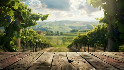 Wooden deck with a view of a lush green vineyard landscape in the countryside