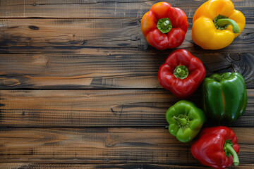 Ripe colorful peppers on wooden table - obrazy, fototapety, plakaty