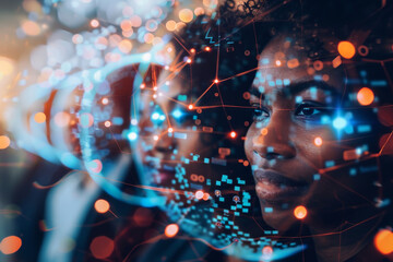 Obraz premium A woman's face is shown in a computer generated image with a lot of dots