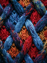 Detailed view of vibrant multicolored knitted fabric, showcasing intricate patterns and textures up close