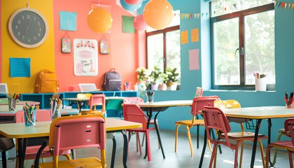 Interior of stylish empty classroom with backpacks and stationery