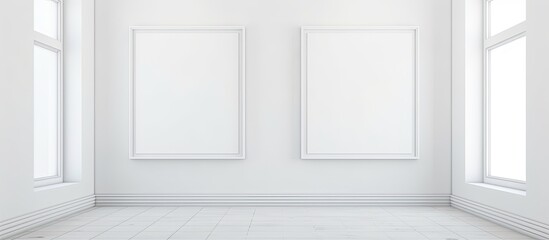 Fototapeta premium A close-up view of a room with two empty white frames hanging on the wall as decoration
