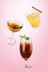 Variations of tasty alcoholic drinks in glasses