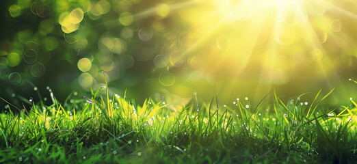 Green dewy grass and sun rays background  - obrazy, fototapety, plakaty