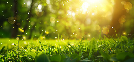 Dawn's light filters through the green, casting a glow on the dewy grass. - obrazy, fototapety, plakaty
