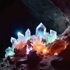 Blue, white, orange, violet and green shiny crystals inside a cave.  Generative AI.