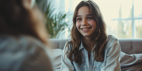 Smiling Teenage brunette Girl sits on the couch at a psychologist's appointment. Smiling young girl enjoying a conversation.  - obrazy, fototapety, plakaty