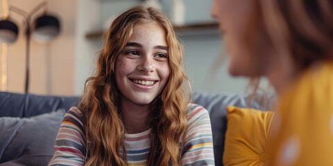 Smiling Teenage Girl sits on the couch at a psychologist's appointment. Smiling young girl enjoying a conversation.  - obrazy, fototapety, plakaty