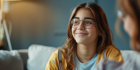 Smiling Teenage brunette Girl sits on the couch at a psychologist's appointment. Smiling young girl enjoying a conversation.  - obrazy, fototapety, plakaty