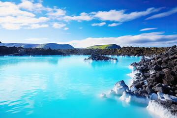 Beautiful blue lagoon in the evening. Generated by artificial intelligence