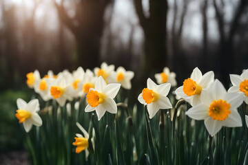 Fototapeta premium Flowering daffodils. Narcissus flowers bloom at sunset. AI generated
