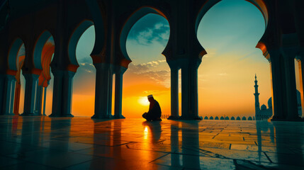 Arabic background. A lonely figure praying at dawn, the arches of the mosque overlooking the sunset sky. The concept of Muslim traditions. Ramadan, Eid al-Fitr (Eid al-Adha) and Eid al-Fitr - obrazy, fototapety, plakaty