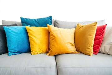 Colorful soft pillows on grey couch