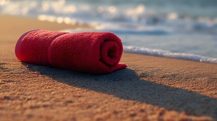 Close up of a red rolled Towel on Beach Sand. Vacation Background with Copy Space - obrazy, fototapety, plakaty