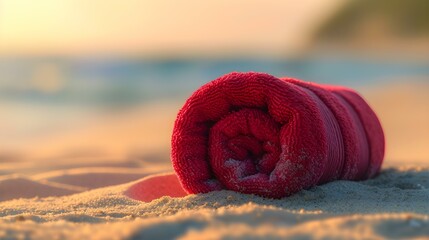 Close up of a red rolled Towel on Beach Sand. Vacation Background with Copy Space - obrazy, fototapety, plakaty