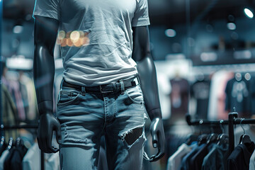 Fototapeta premium Mannequin wearing in jeans and t-shirt on showcase in store