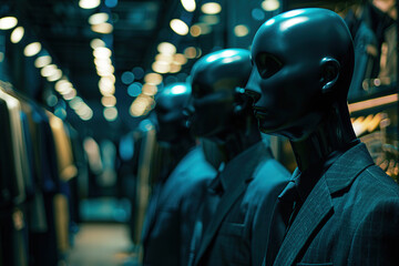 Fototapeta premium Male mannequins wearing business suit on showcase in store