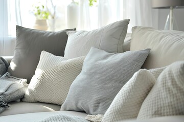 Soft pillows on couch in modern living room - obrazy, fototapety, plakaty