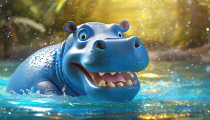 3d claymation happy blue hippo smiling while swimming in water