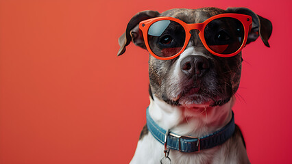 Dog in glasses on pastel background.