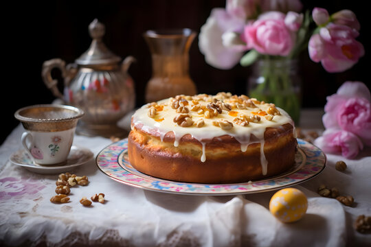 Pasca Romaneasca (Romanian Easter Cake), Sweet and nutty Romanian Easter cake with a rich sweet cheese filling. Generated AI