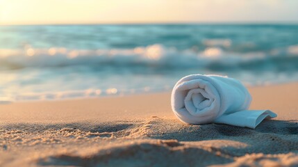 Close up of a white rolled Towel on Beach Sand. Vacation Background with Copy Space - obrazy, fototapety, plakaty