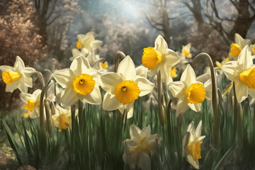 Obraz premium Daffodils blooming. Daffodil flowers bloom at sunset. Ancient flower alley. AI generated