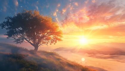 Tree Overlooking Lush Green Hillside