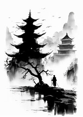 A man is walking in front of a tree and a building