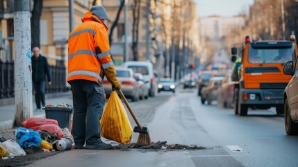 Man in an orange reflective jacket cleans the road from garbage