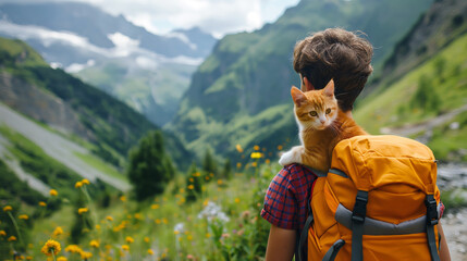 An orange and white cat sits on the shoulder of a person with a yellow backpack, overlooking a lush...