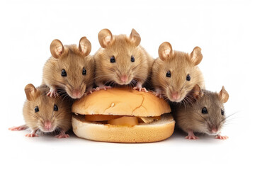 Rats eating hamburger on white background.