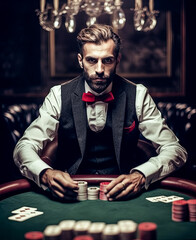 A man in a suit is sitting at a poker table with a green table cloth.