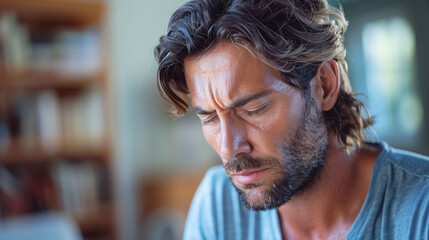 Portrait of a pensive man with a beard looking down, displaying an expression of concern or deep thought.