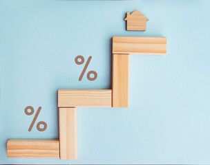 Housing market and property value concept with  small wooden house and percent signs .  Mortgage rates 