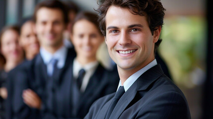 Portrait of smiling businessman alongside business team.