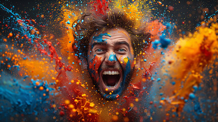 Excited man with colorful paint explosion around his head, expressing joy and creativity.