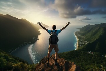 Tourist athlete rejoices climbing a mountain , success and goal achievement concept, man raised his hands up in delight