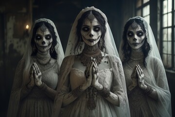 Three frightening ghost brides from ancient times pray. 
