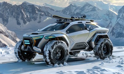 Mid size suv concept with a snowboard on the roof