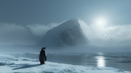 Peaceful scene of lone penguin gazing out at vista - obrazy, fototapety, plakaty